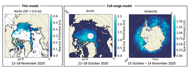 Mapes gràfics del gruix del gel àrtic i antàrtic de la missió FFSCat