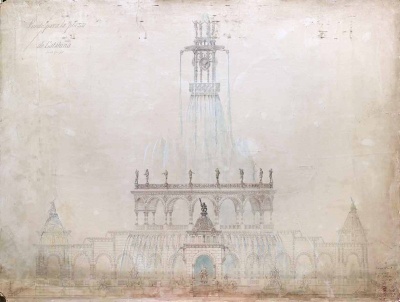 Font per a la plaça de Catalunya, d'Antoni Gaudí, 1877. Imatge conservada a Càtedra Gaudí i Arxiu Gràfic de l'ETSAB de la UPC