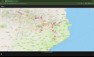 Imatge de la interfície de l'app web 'Carretera Nevada', amb la previsió pel dia 11 de gener sobre el mapa de Catalunya