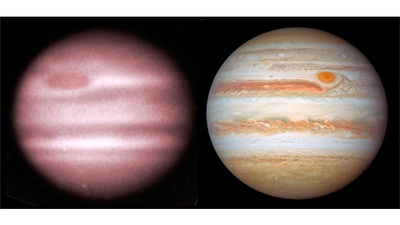 Canvis en la mida de la Gran Taca Vermella de Júpiter (GRS) en 134 anys. A l’esquerra, fotografia obtinguda el 14 d'octubre de 1890 a l'Observatori de Lick (USA), lleugerament acolorida per destacar l'oval. A la dreta, imatge obtinguda amb el Telescopi Espacial Hubble el 5 de gener de 2024. Crèdits: BDIP-Observatoire Paris (esquerra), HST/NASA/ESA/OPAL program (dreta).