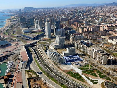 Vista aèria del Campus Diagonal-Besòs amb els terrenys on es construirà l’Edifici D