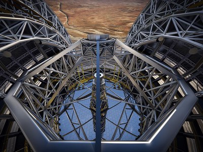 Render que mostra la  carcassa del mirall secundari al centre de la imatge, a la part superior de l'estructura del telescopi, molt per sobre de l'enorme mirall primari de 39 metres. Imatge: ESO/L. Calçada/ACe Consortium