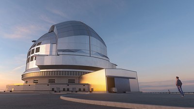 L'estructura i els elements òptics del telescopi s'allotjaran a la cúpula, d'uns 88 metres de diàmetre, que es mostra en aquesta representació en 3D, juntament amb l'edifici auxiliar. Imatge: ESO