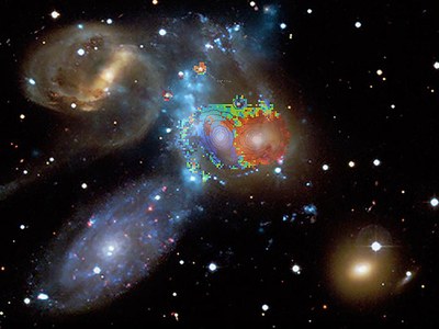 Els colors blau, verd i vermell de la part central indiquen les velocitats derivades dels espectres del WEAVE i se superposen a una imatge del quintet de Stephan composta per la llum estel·lar (del telescopi CFHT) i l’emissió de raigs X de gas calent (banda difusa vertical blavosa, de l’observatori de raigs X Chandra). Crèdits: Raigs X (blau): NASA/CXC/CfA/E. O’Sullivan, òptic (marró): Canadà-França-Hawaii-Telescopi/Coelum, LIFU de WEAVE: Marc Balcells