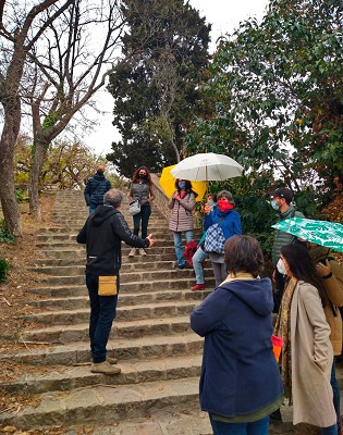 La pluja no va aturar els participants per seguir el recorregut per les terrasses de Miramar, també a MontjuÏc, proposat i comentat per Xavier Fàbregas