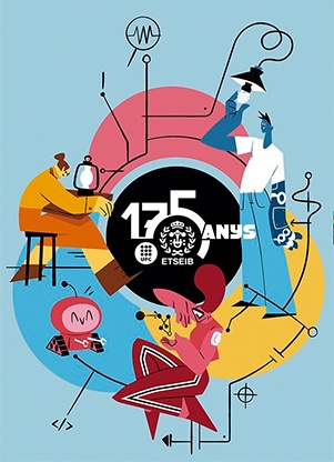 Cartell commemoratiu del 175è aniversari, obra de Carla Gallén & Nat Martín. El disseny és una al·legoria sobre el passat, el present i el futur de l’ETSEIB, que acompanya alhora l’evolució de l’enginyeria industrial al llarg dels 175 anys.