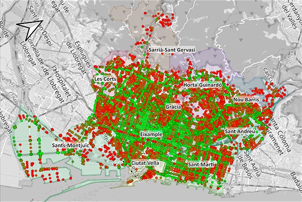 Mapa amb les zones que presenten una millor combinació entre la demanda (flux viari) i el marge de maniobra