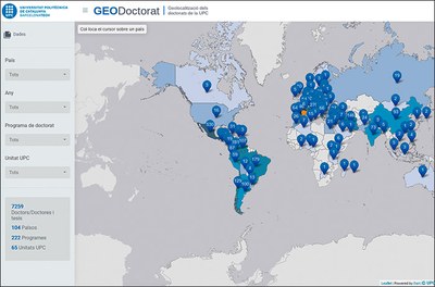 El portal GEODoctorat permet visualitzar i situar en un mapa el país d’origen dels estudiants de doctorat que han llegit la tesi a la UPC des del 1983