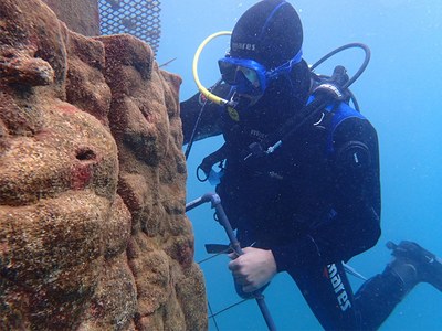 Un operari col·locant una de les estructures de regeneració marina impreses en 3D desenvolupades per Ocean Ecostructures (basades en la tecnologia BBS) i que s'utilitzen actualment, les quals es volen fabricar amb un el nou material  que es desenvolupi en el marc del projecte SEASLAG a partir de subproductes de la indústria