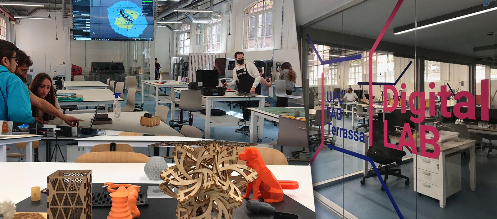 El president de la Generalitat Pere Aragonès mira algunes de les peces fabricades en 3D que li mostren durant la seva visita als laboratoris que conformen la xarxa UPC FAB Terrassa