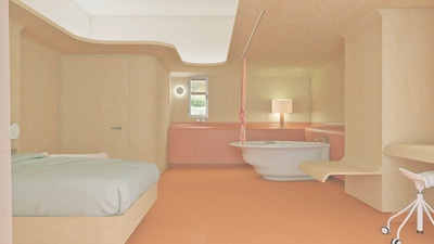 Simulació de l'interior d'una de les habitacions de la casa de naixements dissenyada per Úrsula Gallemí