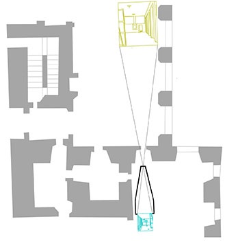 Emplaçament on hauria estat la cambra obscura al despatx del rei Felip IV, segons les perspectives que tenen el quadre gran i el petit