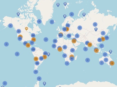 Imatge de Geocommons: un mapa del món amb la geolocalització de la producció acadèmica de la UPC