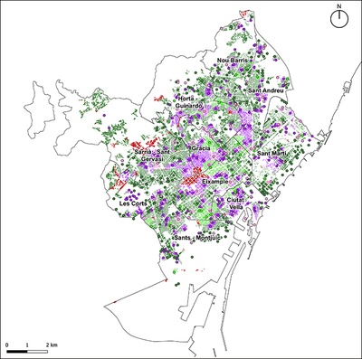 Mapa que combina les categories de refugis climàtics a Barcelona i la proximitat dels habitatges als refugis