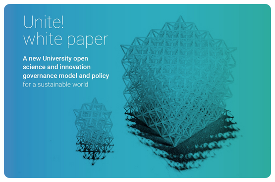 Imatge de la portada del Llibre Blanc amb text: Unite! white paper. A new University open science and innovation governance model and policy for a sustainable world