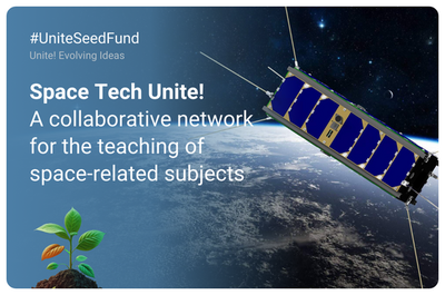 Cartell del programa Space Tech Unite! on es veu la terra i orbitant un satèl·lit