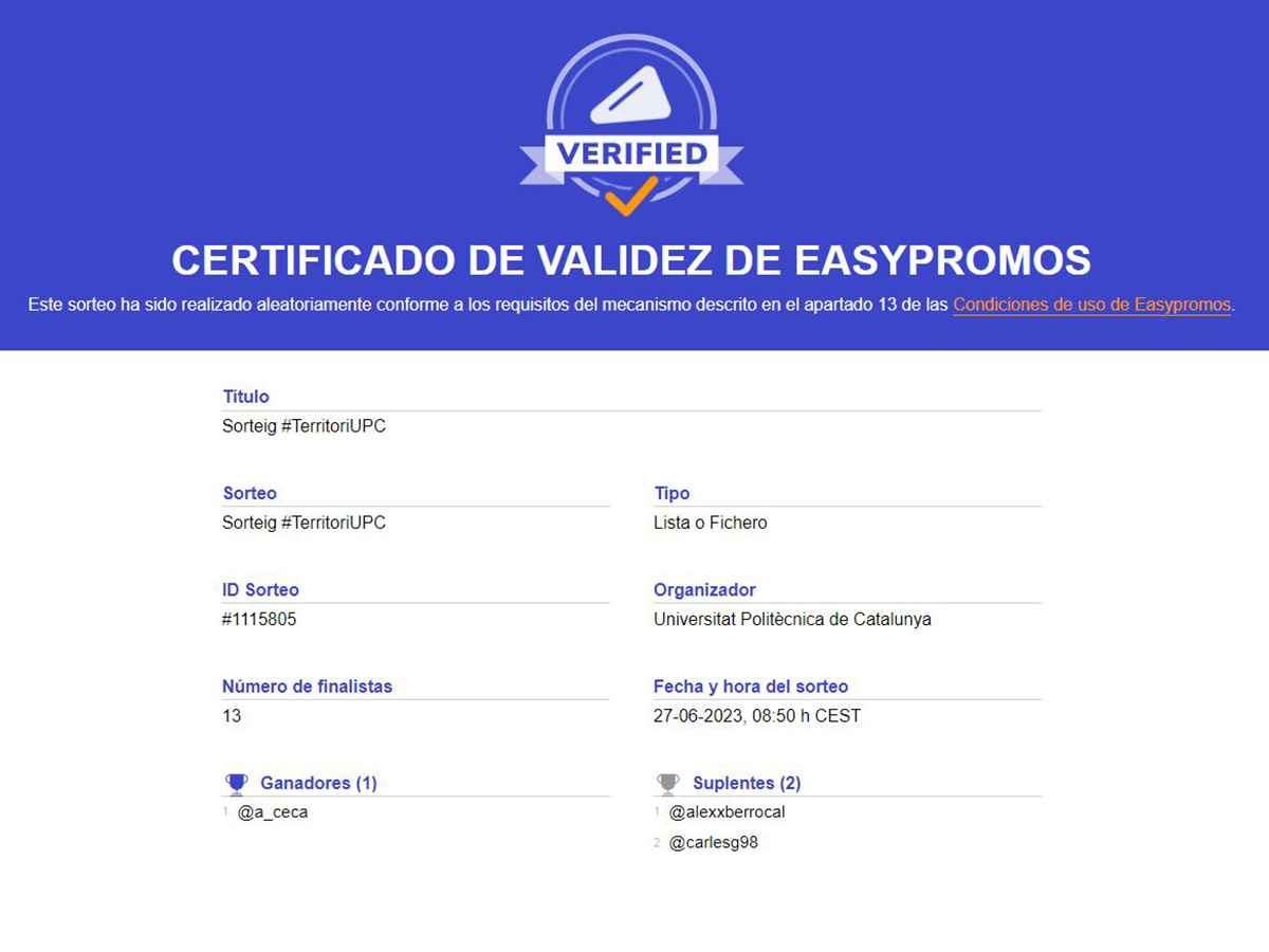 Certificat sorteig #TerritoriUPC