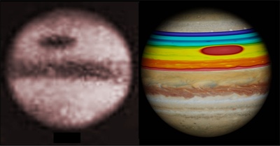 Observation and simulation of the old GRS. Left, first photograph of Jupiter by A. A. Common from Ealing (London, England) on 3 September 1879. The GRS stands out prominently as a dark oval. Right, a numerical simulation model of the GRS observed that year superimposed on a recent image of Jupiter obtained by the Hubble Space Telescope (HST/NASA/ESA). The images are positioned according to the astronomical view (south at the top, east on the left). Acknowledgements: ©UPV-EHU/UPC.
