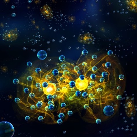 Graphic representation of the experiment simulating how potassium atoms (yellow) surrounded by lithium atoms (blue) form polarons that interact with each other. Source: IQOQI Innsbruck/Harald Ritsch