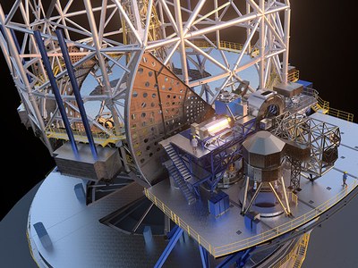 Rendering of the structure of the telescope and one of the side platforms where the scientific instruments will be positioned. Image: ESO/L. Calçada