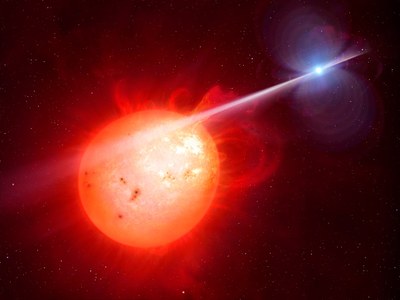 Representation of a binary star composed of a main sequence star and a white dwarf  Image by: Mark Garlick/University of Warwick/ESO