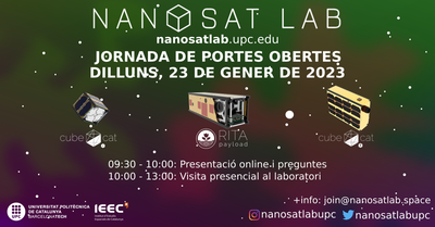 Cartel con la información de la presentación online y de la jornada de puertas abiertas del NanoSat Lab