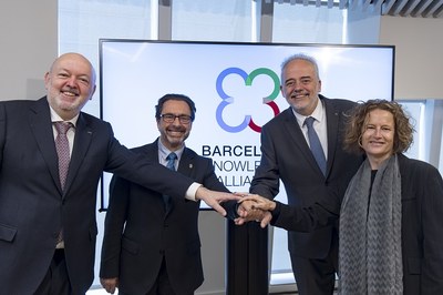 Los rectores Daniel Crespo, Joan Guàrdia, Javier Lafuente y Laia Nadal, en la presentación de la alianza Barcelona Knowledge Alliance (BKA)
