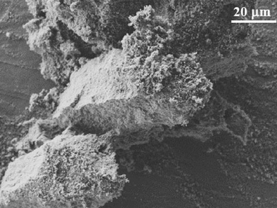 Aglomeración de partículas catalíticas vistas en microscopio electrónico