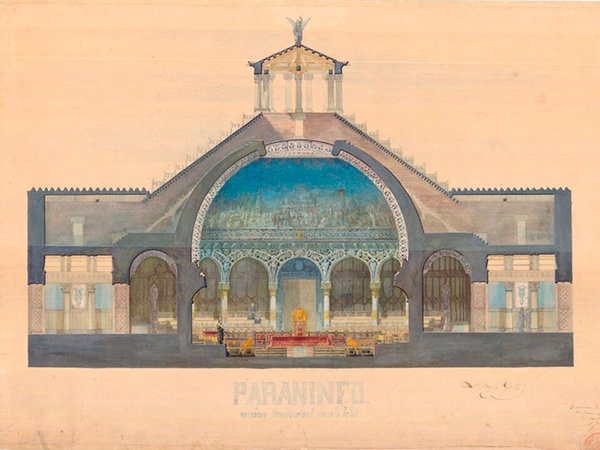 Plano de la sección transversal de un paraninfo de una universidad, parte del ejercicio de reválida de Antoni Gaudí en la Escuela Superior de Arquitectura de Barcelona