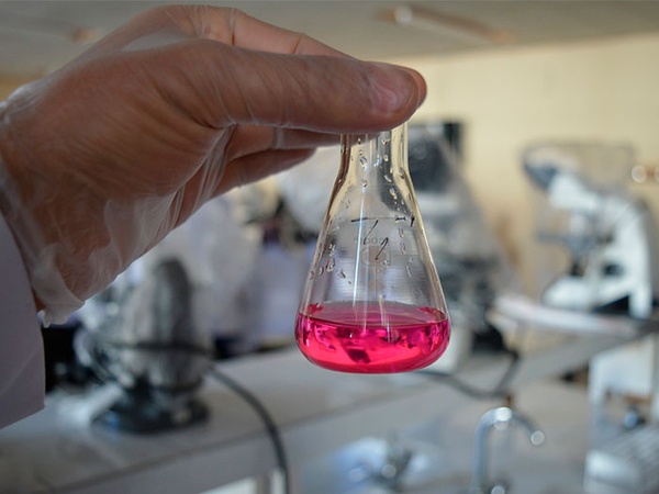 Mano con un matraz Erlenmeyer