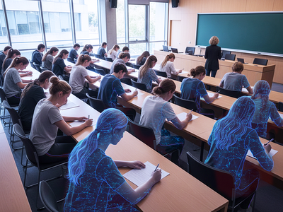 Aula de la UPC con estudiantes y avatares realizando un examen