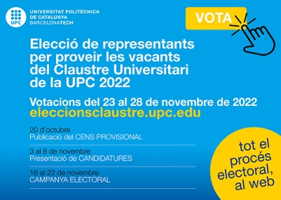 Cartel anunciando elecciones de representantes para proveer las vacantes del Claustro Universitario de la UPC 2022