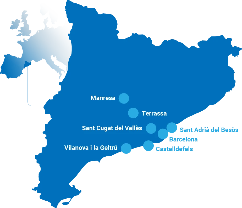 Representación gráfica de un mapa de Cataluña integrado en el contexto europeo, con la localización de los municipios con centros docentes y campus de la UPC.