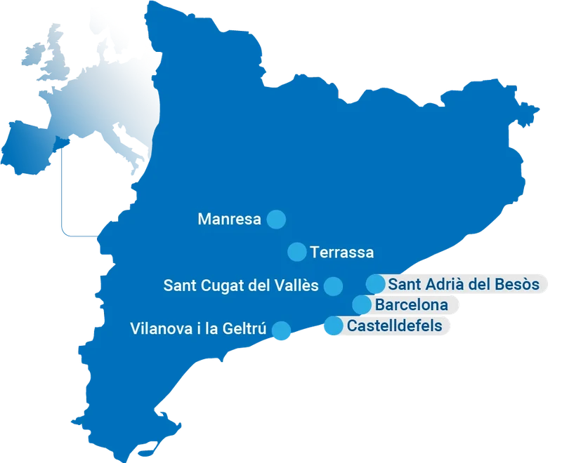 Representación gráfica de un mapa de Cataluña integrado en el contexto europeo, con la localización de los municipios con centros docentes y campus de la UPC.
